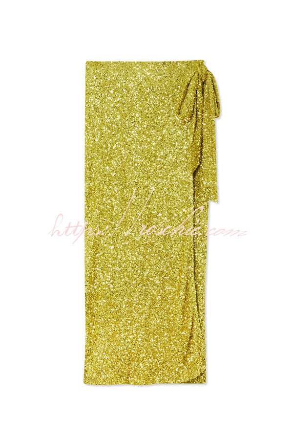 Disco Dancing Queen Sequin Wrap Tie-up Slit Midi Skirt