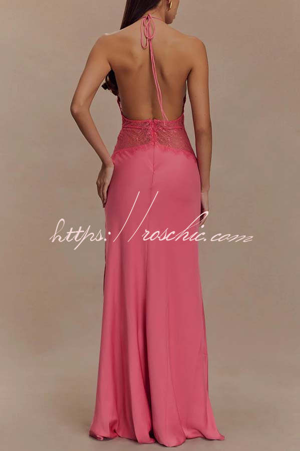Seductive Details Satin Lace Waist Halter Tie-up Backless Maxi Dress