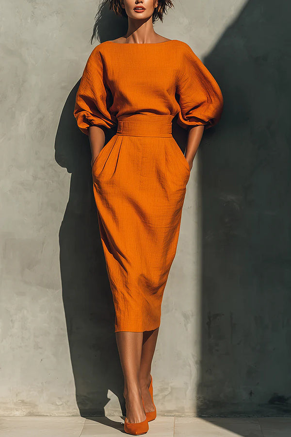 Elegant Puff Sleeve High-Waisted Pocket Casual Midi Dress, Orange / 3XL Elegant Puff Sleeve High-Waisted Pocket Casual Midi Dress, Orange / 3XL