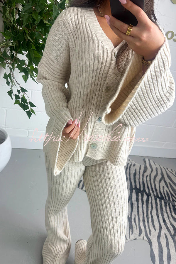 Solid V-neck Ribbed Knit Button Up Top and Elastic Waist Wide Leg Pants Set