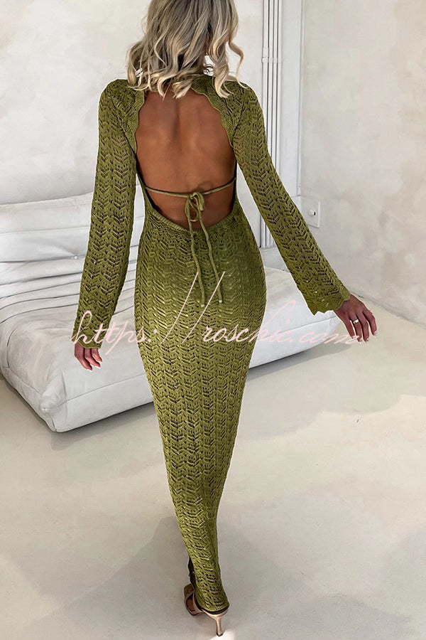 Avie Knit Textured Fabric Backless Tie-up Long Sleeve Stretch Maxi Dress