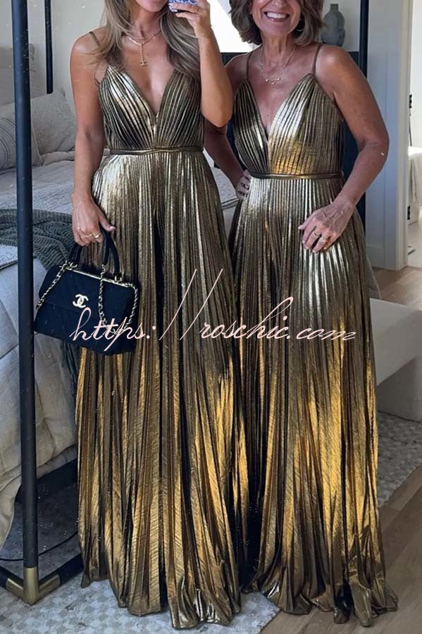 Disco Fashion Metallic Fabric Pleated Pocket Slip Wide Leg Jumpsuit