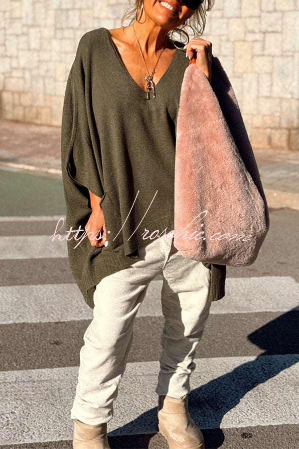 Fashion V-neck Loose Pocket Mid-length Knitted Sweater