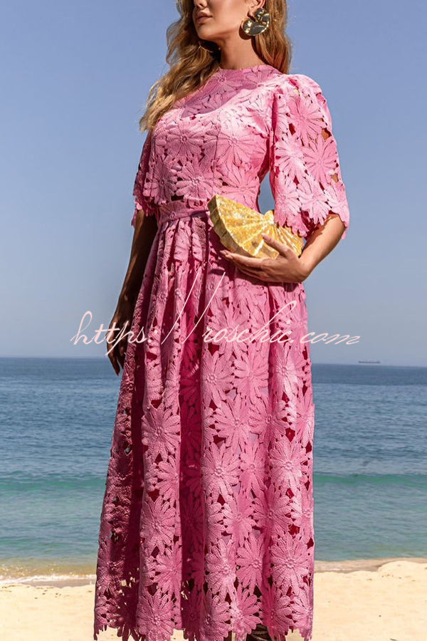 Elegant Embroidered Hollow Flowers Bell Sleeve Top and Full Hem Maxi Skirt Set