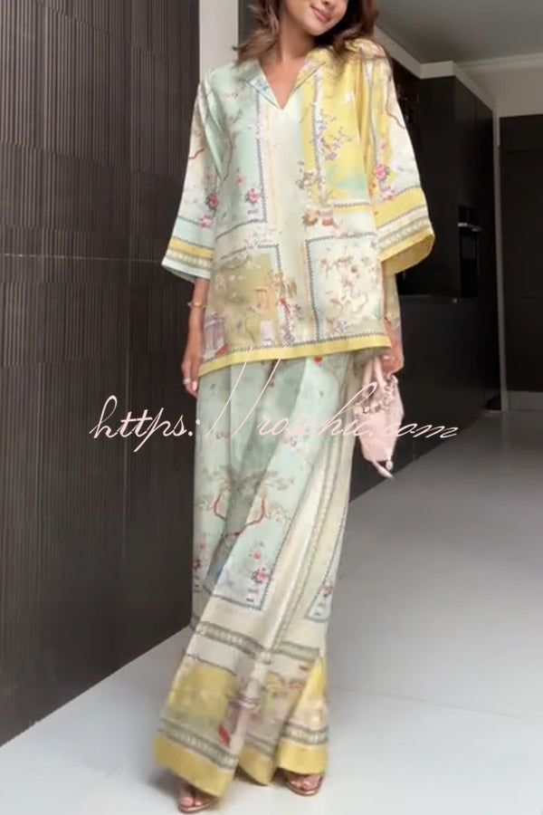 Elonie Satin Floral Print V-neck Half Sleeve Top and Elastic Waist Wide Leg Pants Set