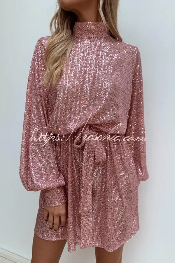 Fashionable Sequined Long-sleeved Belted Casual Mini Dress
