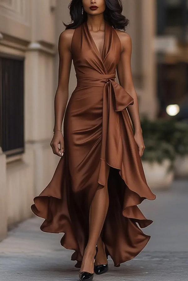 Solid Color Elegant V-neck Waist Irregular Ruffle Maxi Dress