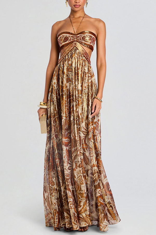 Bohemian Flair Chiffon Golden Paisley Print Cutout Halter Maxi Dress, Gold / XL Bohemian Flair Chiffon Golden Paisley Print Cutout Halter Maxi Dress, Gold / XL