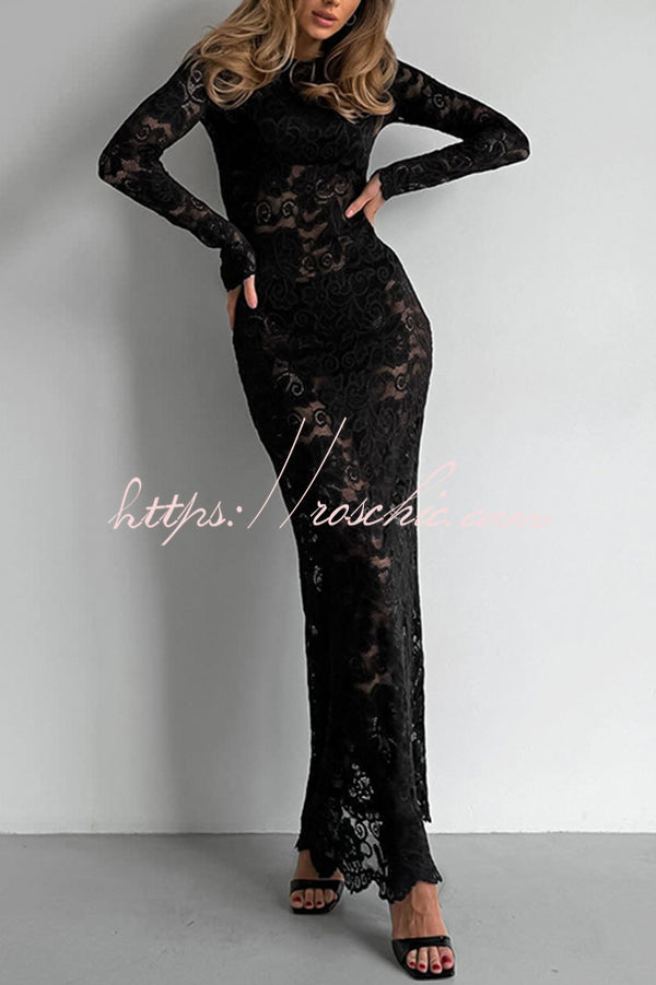 Sexy Openwork Lace Long-sleeved Slim-fit Fishtail Maxi Dress