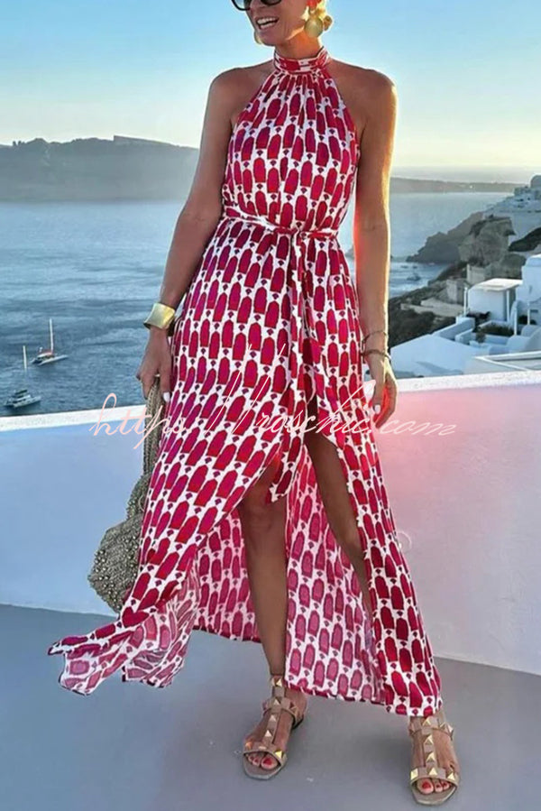 Unique Printed Sleeveless Halterneck Tie-waist Slit Maxi Dress