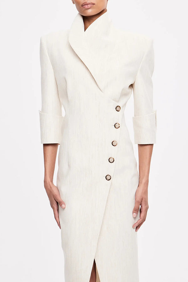 Elegant Look Linen Blend Stand Lapel Neck Half Sleeve Side Button Midi Dress