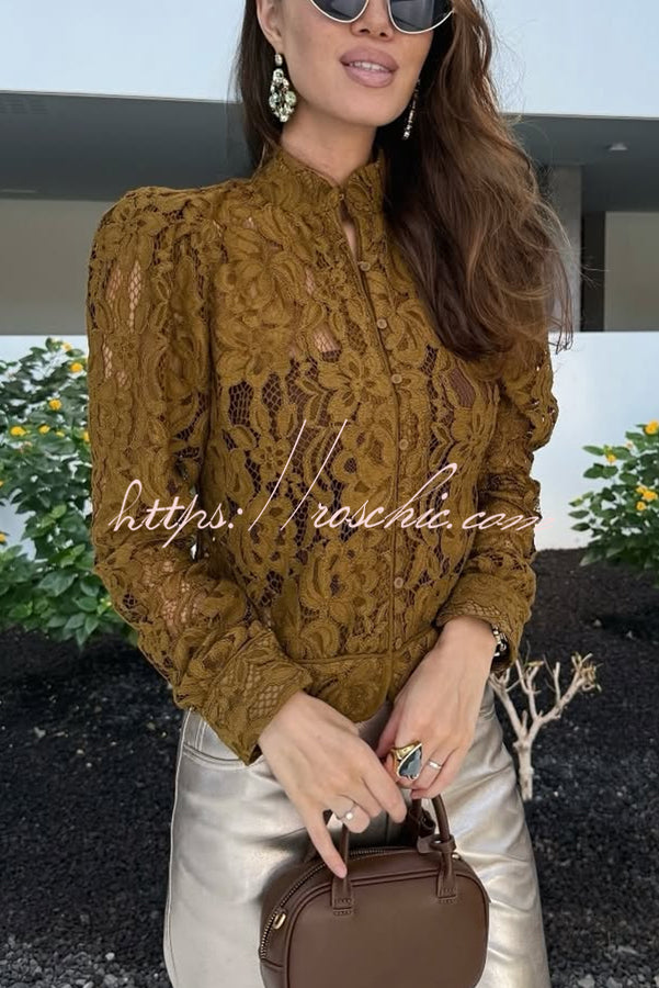Palace Style Crochet Flower Lace Stand Neck Button Puff Sleeve Jacket