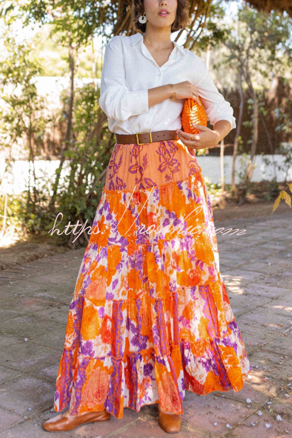 Resort Style Floral Print Elastic Waist Loose Stitching Maxi Skirt