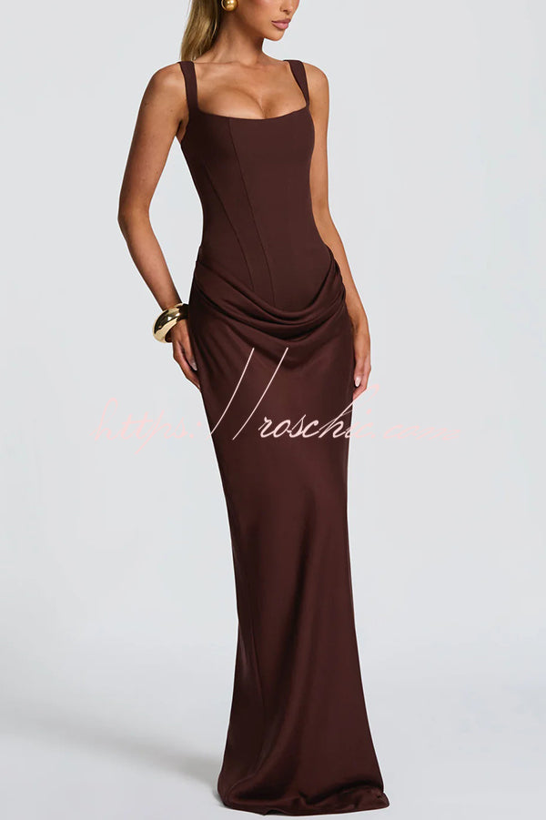 Larrah Square Neck Back Lace-up Satin Drape Hem Maxi Dress