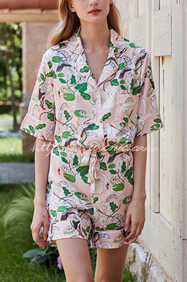 Swan and Crane Print Home Shorts Two-piece Set