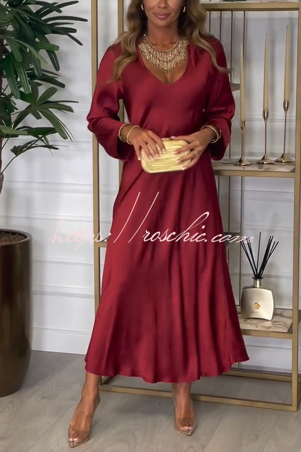 Solid Color V-neck Long-sleeved Loose Draped Maxi Dress