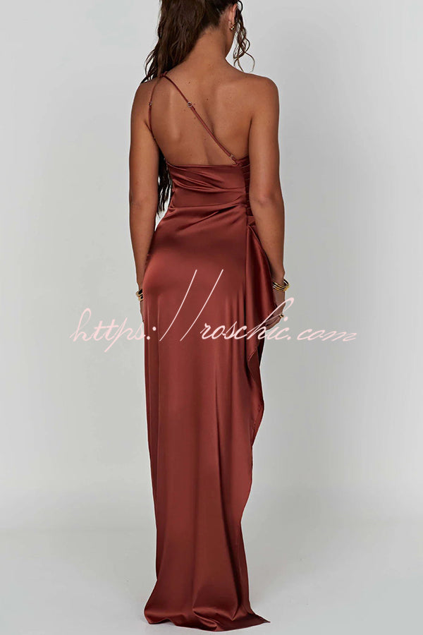 Fits Your Curves Satin One Shoulder Drape Slit Maxi Dress