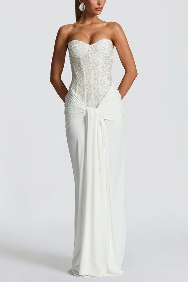 Carina Sequined and Satin Jersey Off Shoulder Ruched Knot Drape Maxi Dress