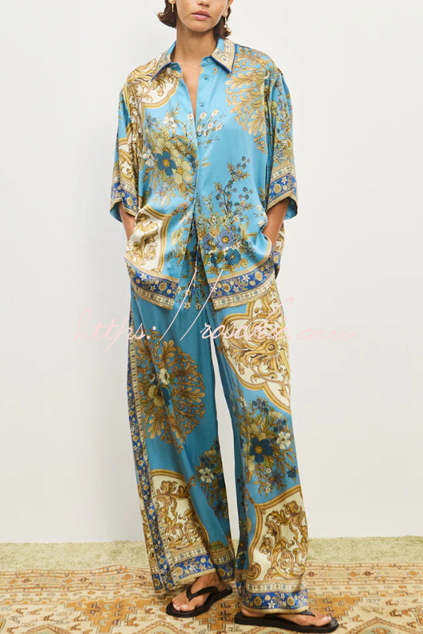 Satin Floral Print Loose Shirt and Elastic Waist Pocket Casual Wide-leg Pants