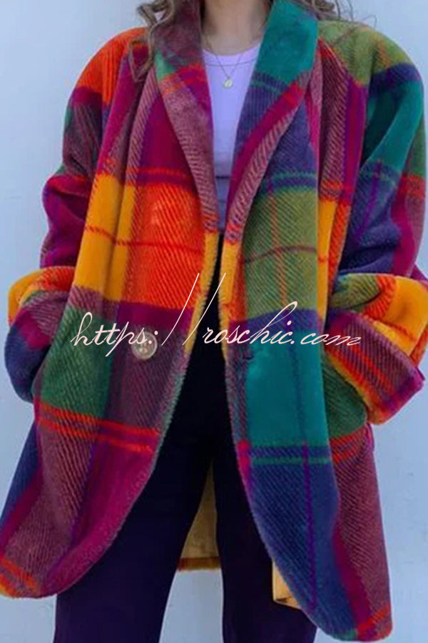 Show Stopping Plush Lined Lapel Color Blocked Long Sleeved Coat