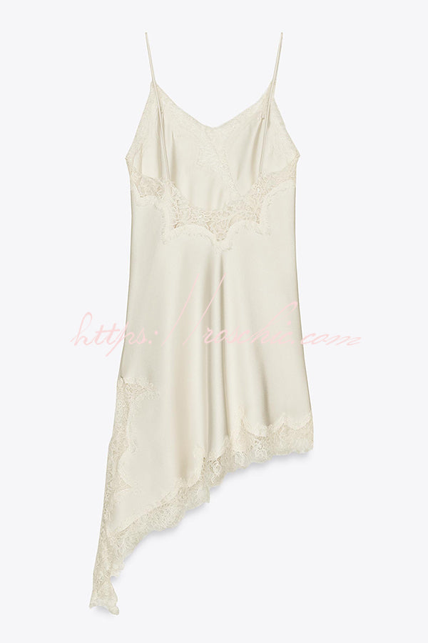 Satin Lace Trim V-neck Asymmetrical Hem Slip Mini Dress