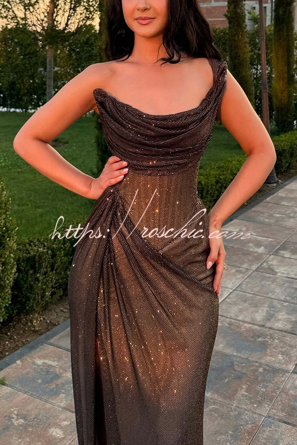 Glitzy Gala Glitter Fabric One Shoulder Ruched Slit Maxi Dress, Black / XL Glitzy Gala Glitter Fabric One Shoulder Ruched Slit Maxi Dress, Black / XL