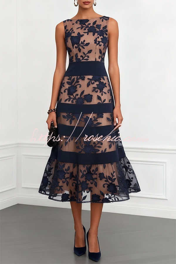 navy lace sleeveless dress Rosmie Flower Mesh Colorblock Boat Neck A-Line Midi SIZE:US 4  / EU 34 / UK 6 expertly accommodating your natural nonPD Faviana 11206 Long Formal