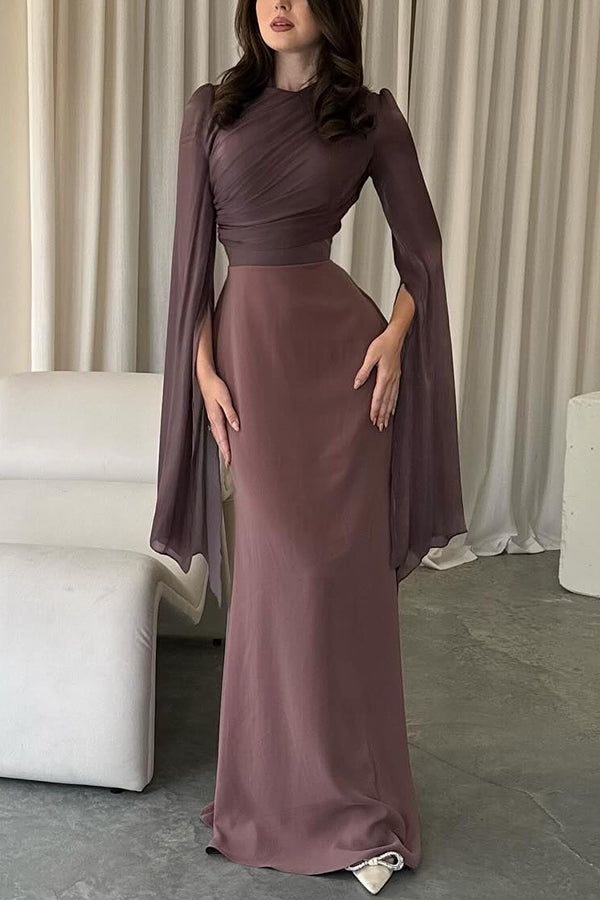 Liora Ruched Organza and Satin Patchwork Design Long Bell Slit Sleeve – roschic