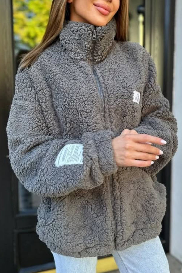 Solid Color Casual Long Sleeve Zipper Pocket Loose Jacket