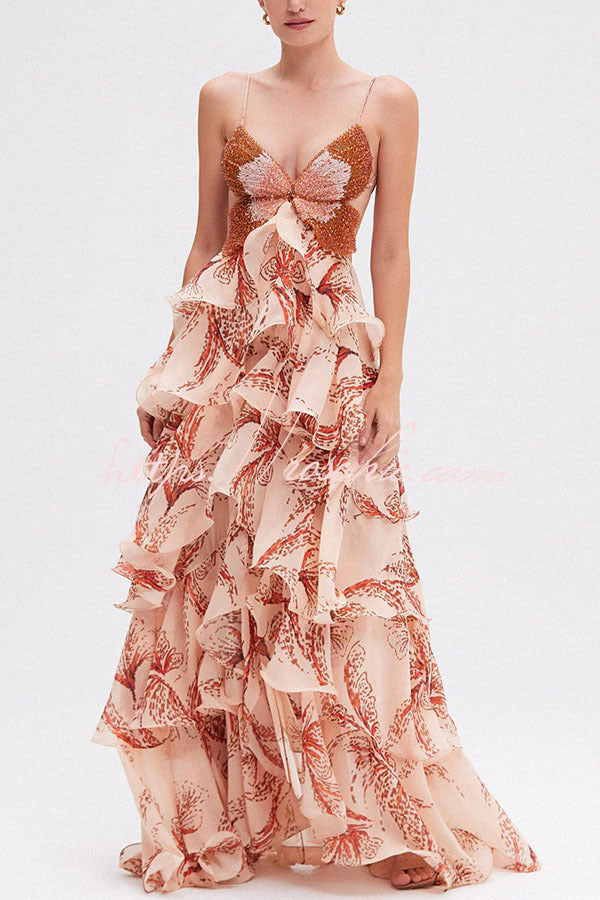 Ariae Butterfly Print Multi-layered Ruffles Backless Tie-up Maxi Dress   roschic
