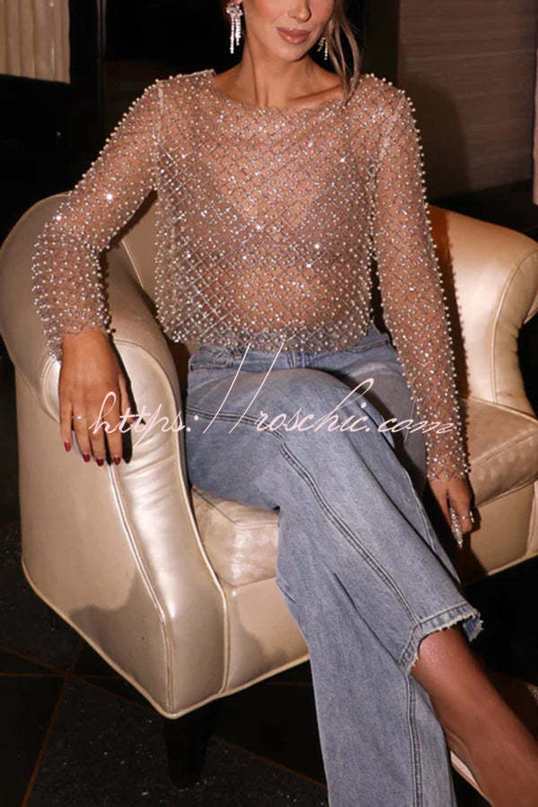 Champagne Kiss Sparkling Pearls Long Sleeve Loose Sheer Top – roschic