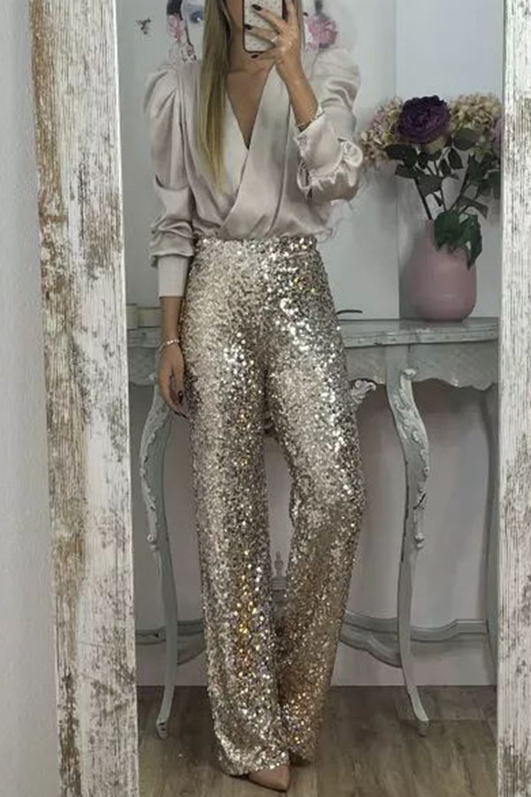 Glitzy Glamour Sequin High Rise Elastic Waist Wide Leg Pants