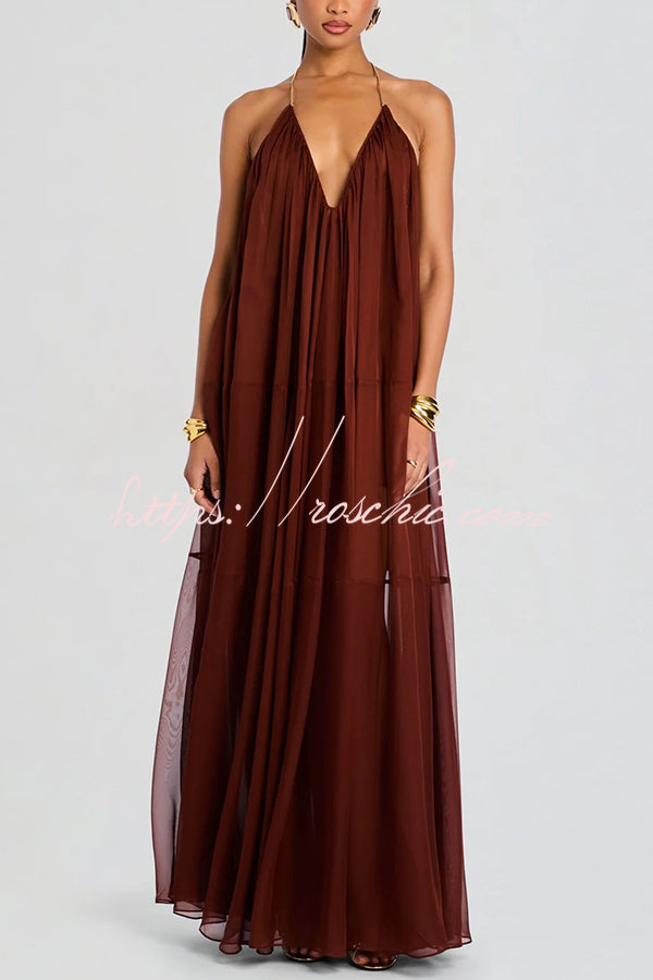 Flowing Lightweight Chiffon Chain Halter Neck Detail Backless A-line Maxi Dress