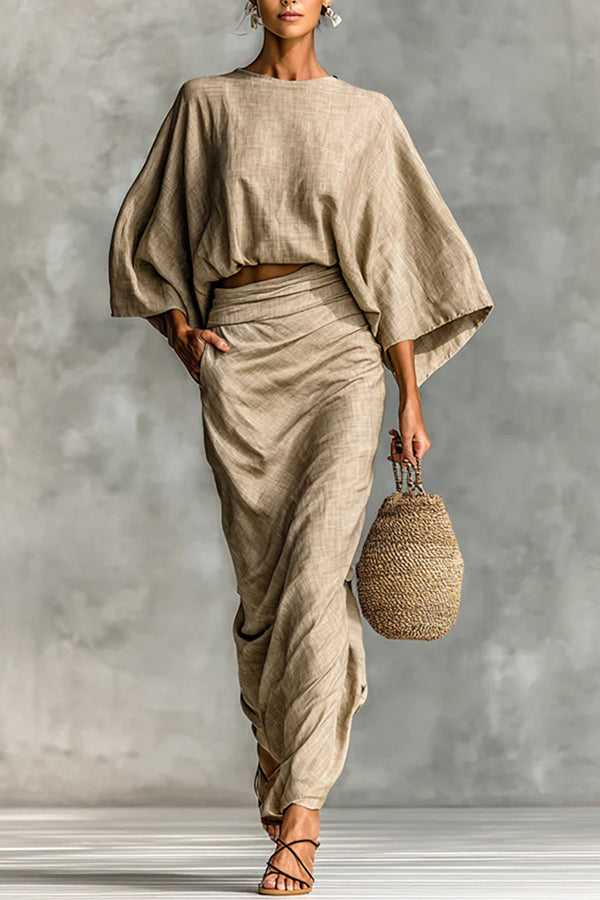 Linen Blend Batwing Sleeve Loose Top and Casual Pocket Maxi Skirt Set