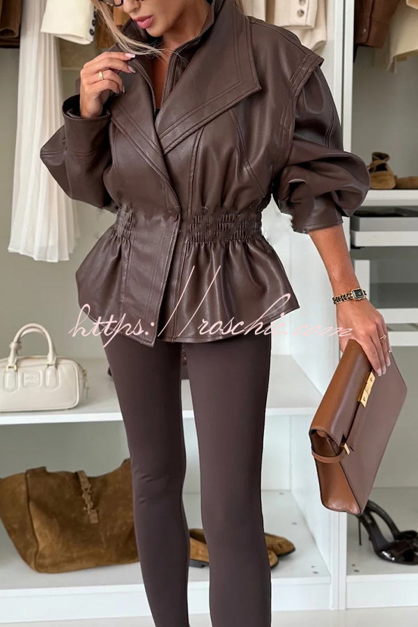 Play It Cool Faux Leather Single Button Elastic Waist Lapel Moto Jacket