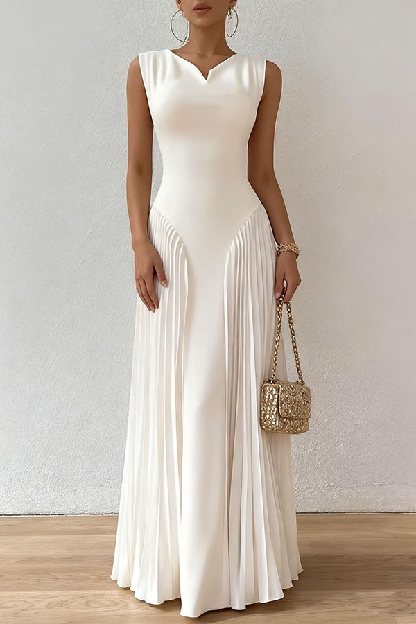 Solid Color Sleeveless Slim Fit Pleated Full Hem Maxi Dress – roschic
