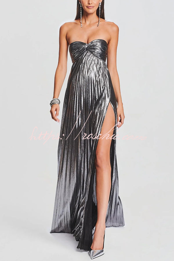 Metallic Sexy Tube Top Pleated High Slit Maxi Dress