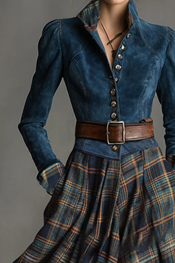 Fashionable Faux Denim Suede Patchwork Long-sleeved Casual Maxi Dress