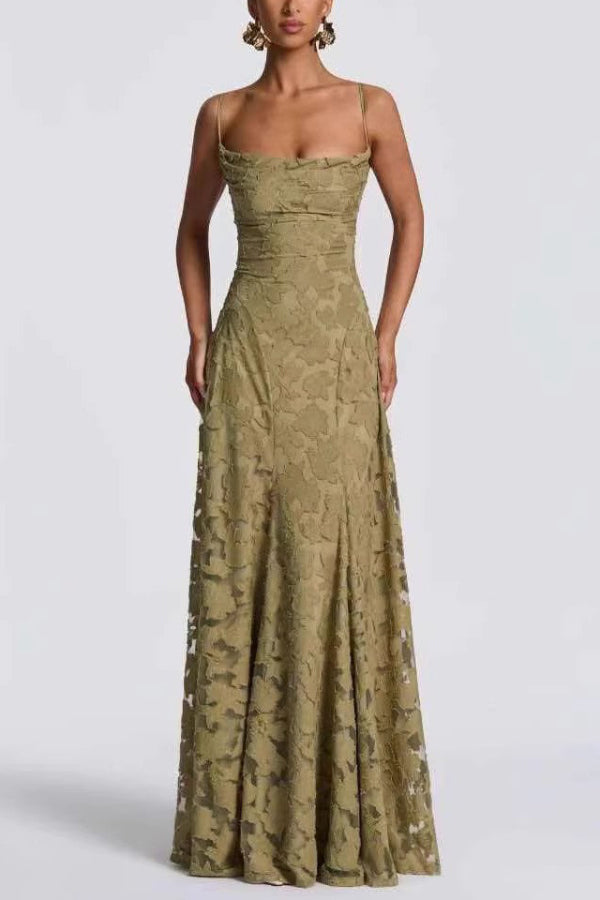 Buy Floral Appliqué Cowl Neck Lace-Up Back Maxi Dress, L / Olive Green online at SR Store