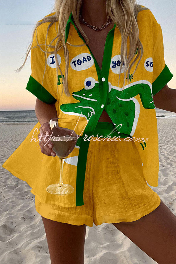 Frog Print Loose Button Elastic Waist Shorts Set