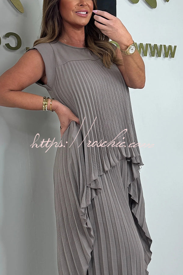 Laney Pleated Short Sleeve Irregular Midi Top and Elastic Waist Wide Leg Pants Set
