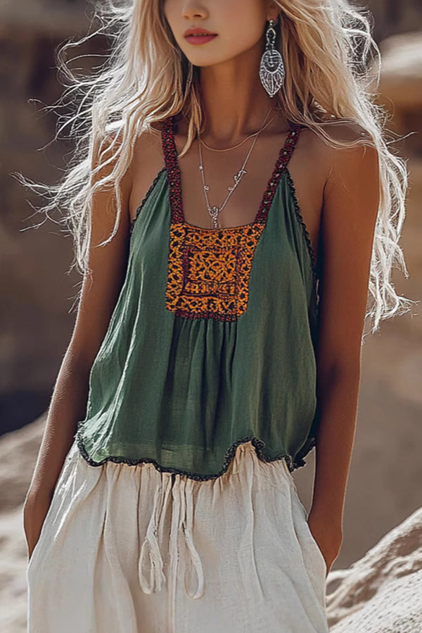 Linen Blend Vintage Loose Suspender Casual Top