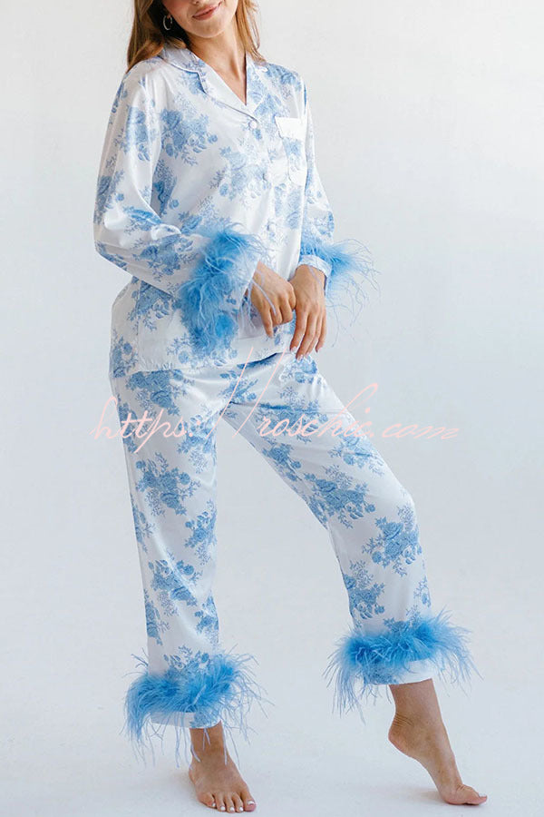 Sweet Daydreamer Floral Printed Feather Trim Elastic Waist Pocketed Pajama Set