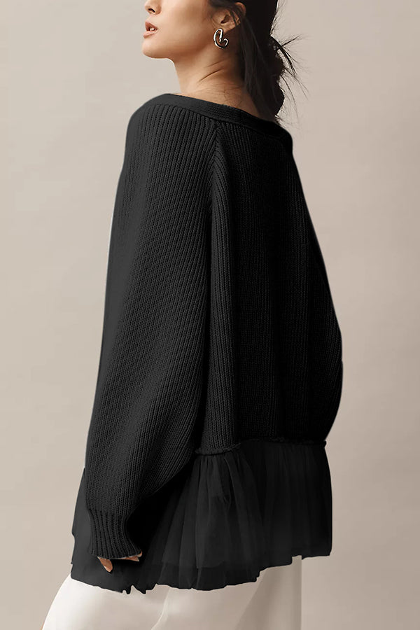 Fashionable Splicing Mesh Ruffle Knitted Long-sleeved Loose Cardigan