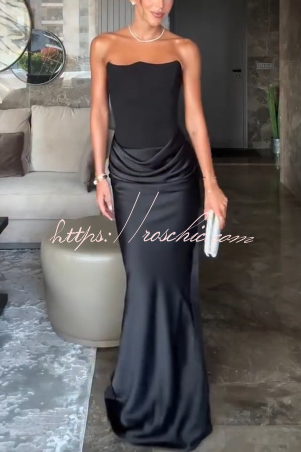 Attend The Gala Strapless Corset Satin Ruched Hip Drape Maxi Dress