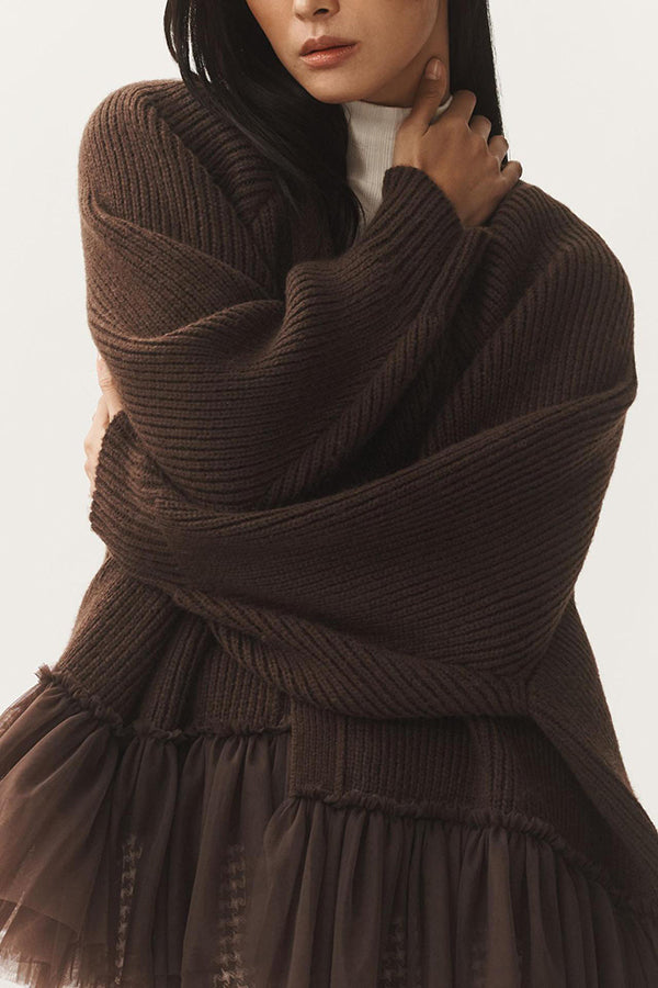 Fashionable Splicing Mesh Ruffle Knitted Long-sleeved Loose Cardigan