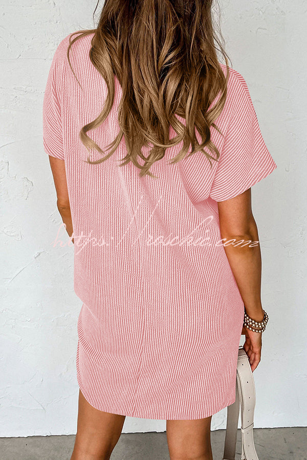 Casual Solid Color Striped Short-sleeved Pocket Mini Dress