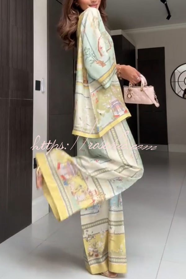 Elonie Satin Floral Print V-neck Half Sleeve Top and Elastic Waist Wide Leg Pants Set