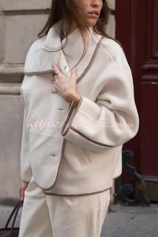 Romane Faux Fleece Fabric Contrast Trim Long Sleeve Knitted Pocket Lapel Loose Jacket