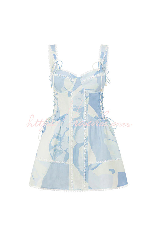 Avere Linen Blend Unique Print Scallop Trim Side Lace-up Mini Dress
